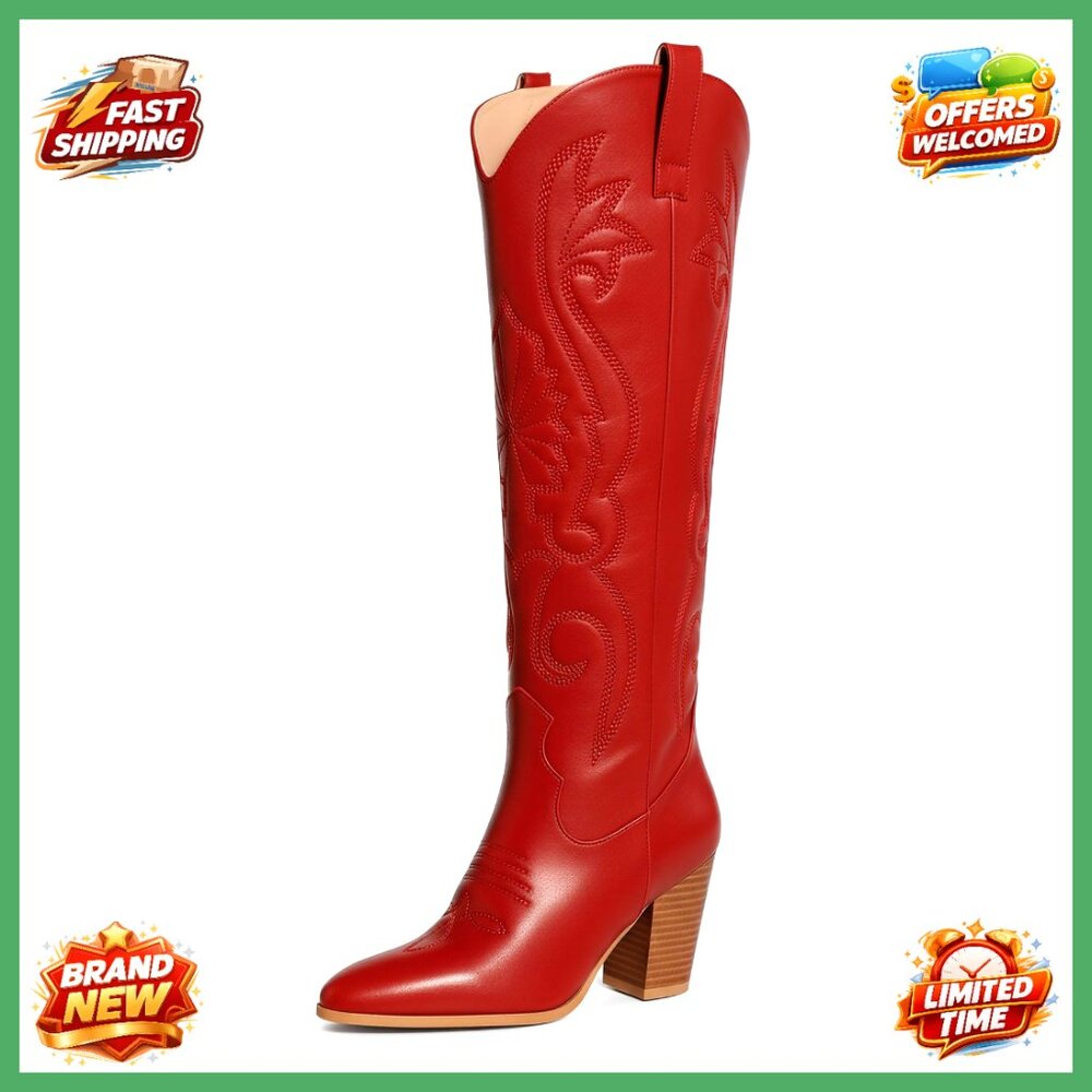 Knee High Cowboy Boots Embroidered Chunky Heel Western Retro Pointed Toe